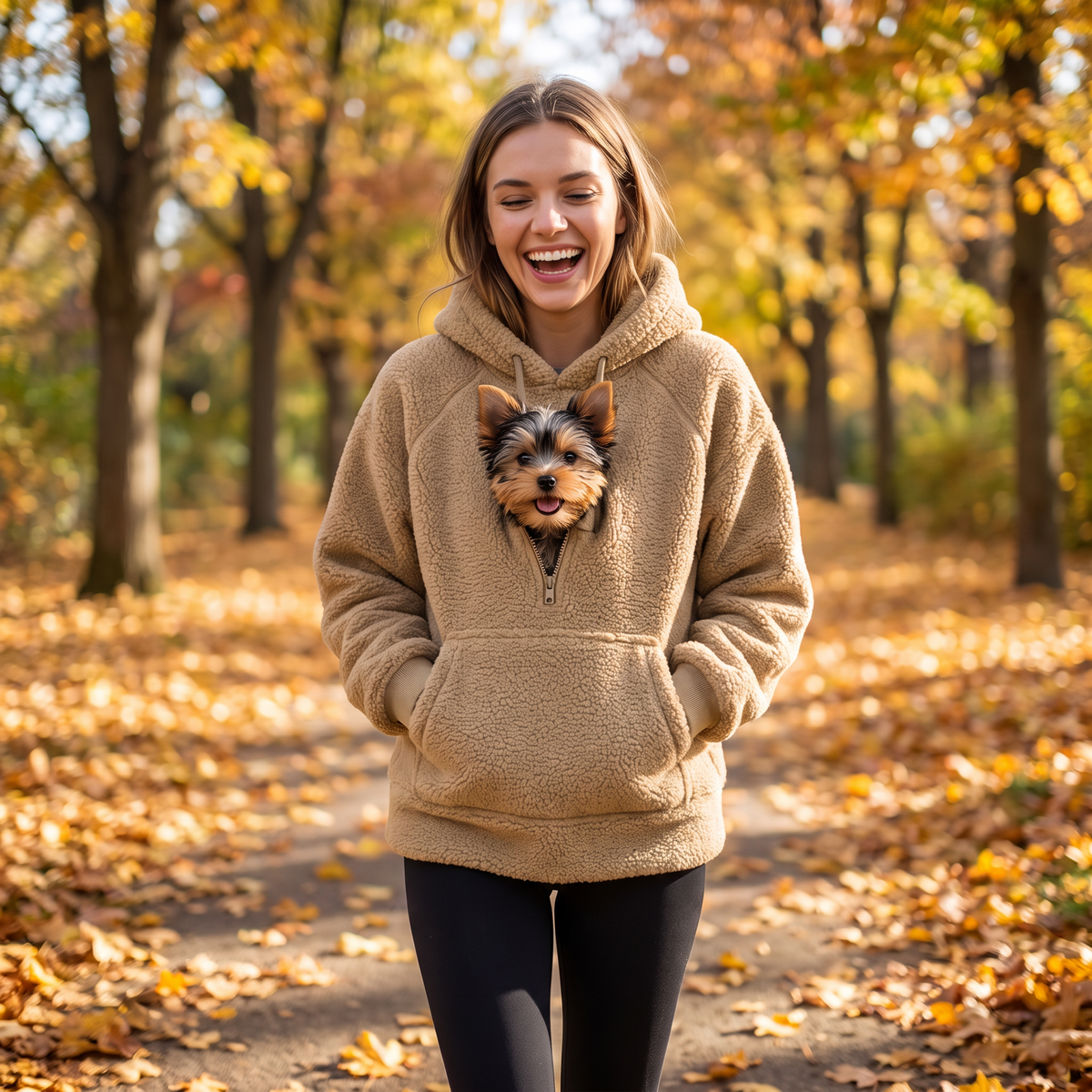 Autumn walk with a yorkie in the Cuddlepaws hoodie