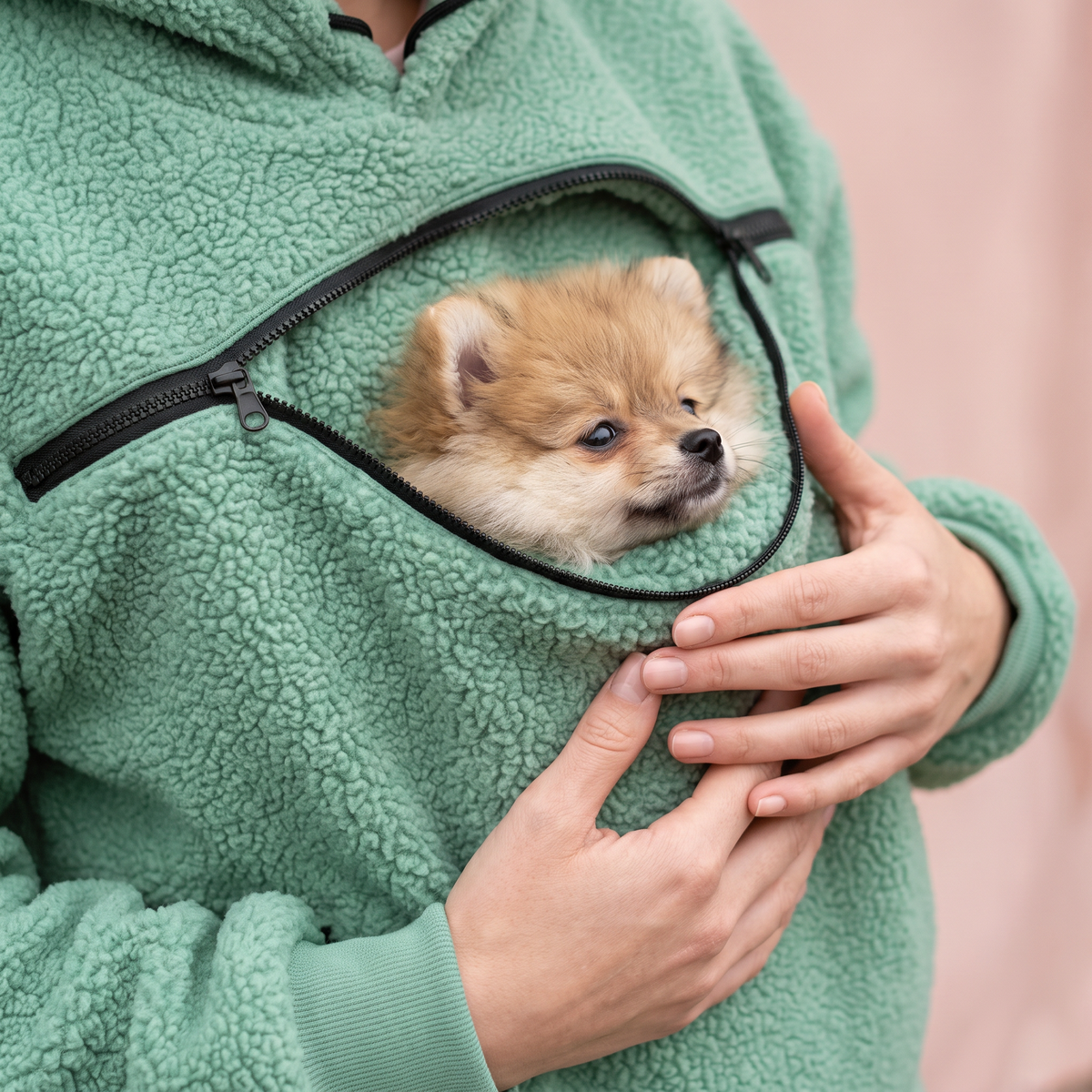 Close-up of the zip pet pouch and soft teddy fleece
