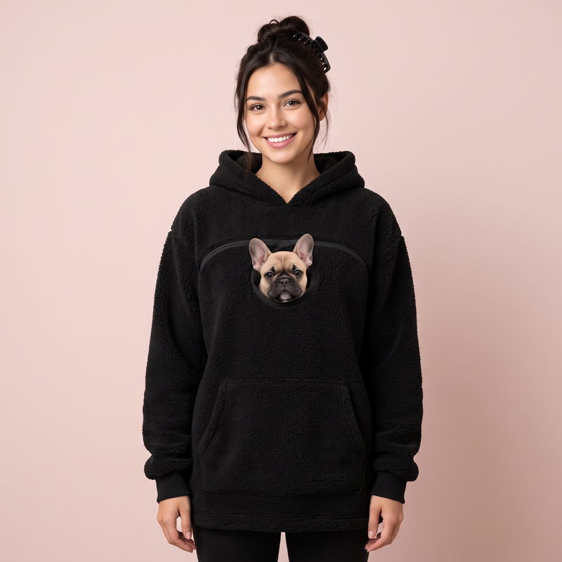 Cuddlepaws pocket hoodie in black with french bulldog puppy