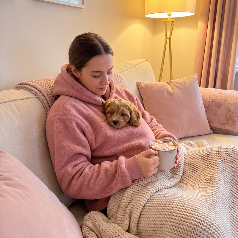 Snuggled on the sofa with a puppy in the Cuddlepaws hoodie pouch