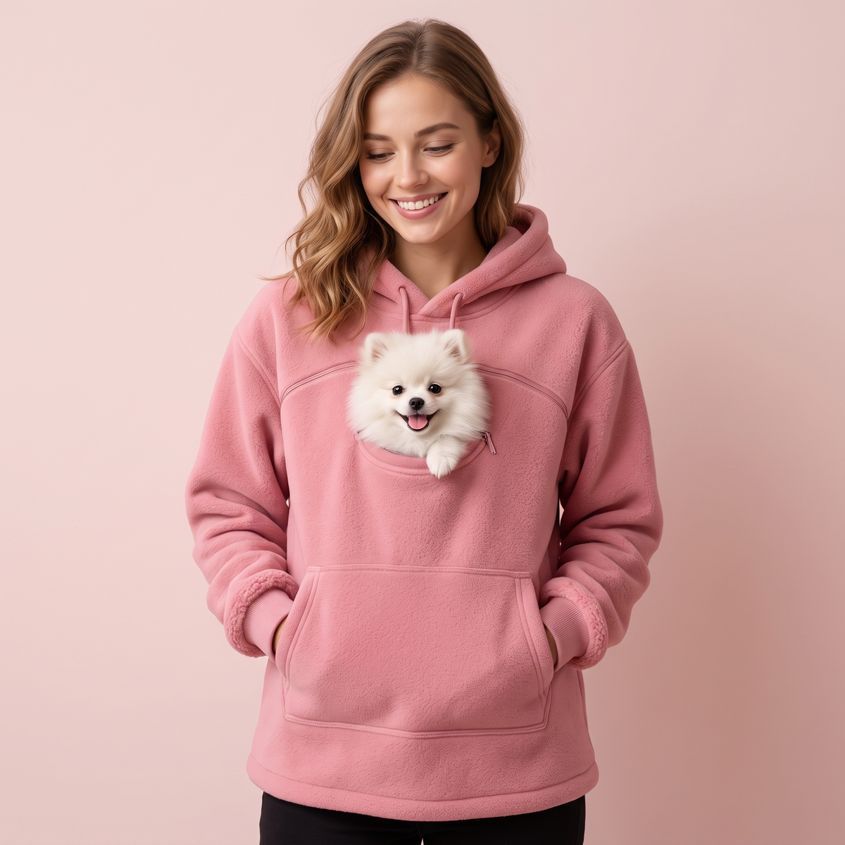 Cuddlepaws pocket hoodie in pink with puppy in pouch