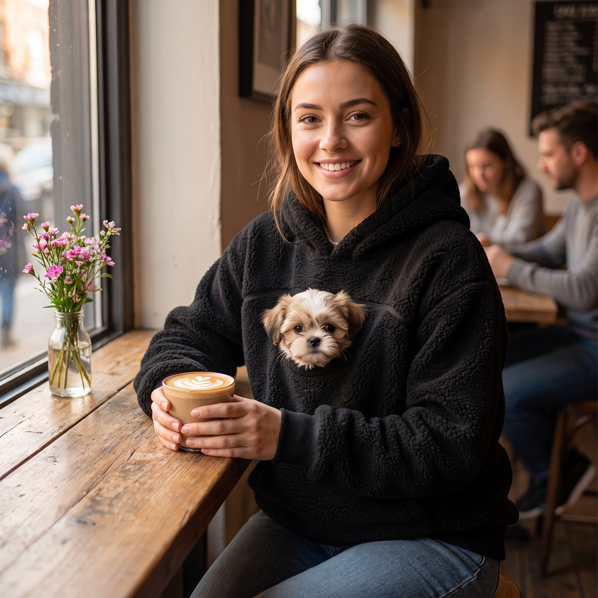 Cuddlepaws pocket hoodie in black at a coffee shop